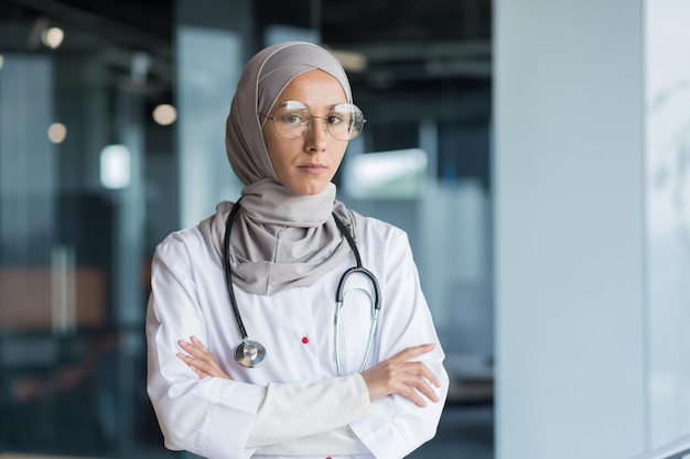 Portret van een jonge moslimvrouw arts, ze staat in de hal van het ziekenhuis, gekleed in een