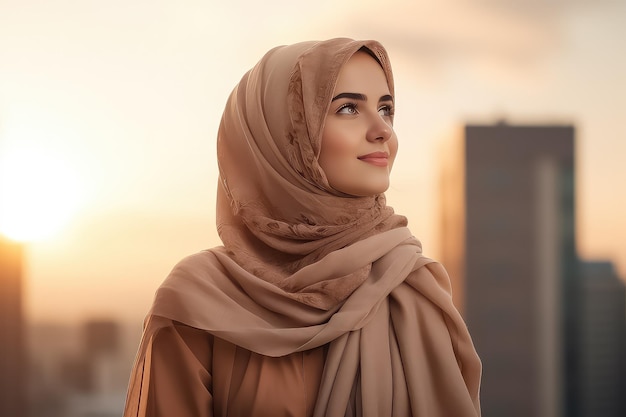 Portret van een jonge moslimvrouw in een hijab in de stad tegen de zonsondergang, kijkend naar de camera