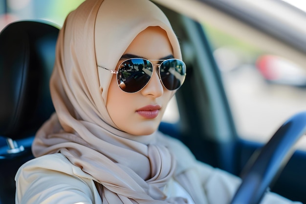 portret van een jonge moslimvrouw in hijab en zonnebril die een auto rijdt anti-discriminatie concepten succes en onafhankelijkheid van moslimvrouwen culturele diversiteit