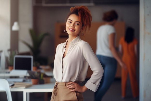 Portret van een jonge roodharige vrouw in een modern kantoor