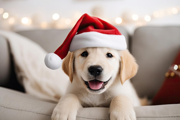 Portret van een jonge schattige hond met een kersthoed op een bank