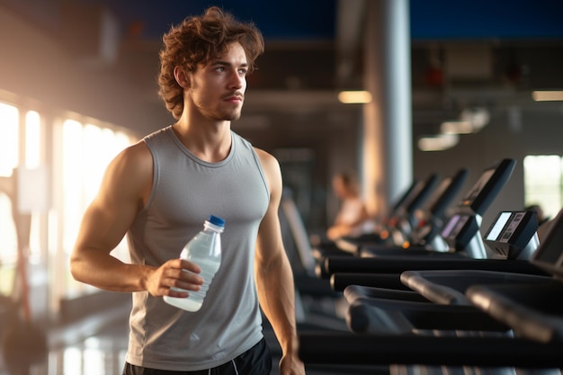 Portret van een jonge sportman die cardio doet en water drinkt in de sportschool