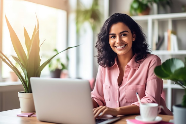 Portret van een jonge succesvolle blanke zakenvrouw die aan een bureau zit en aan een laptop werkt in C