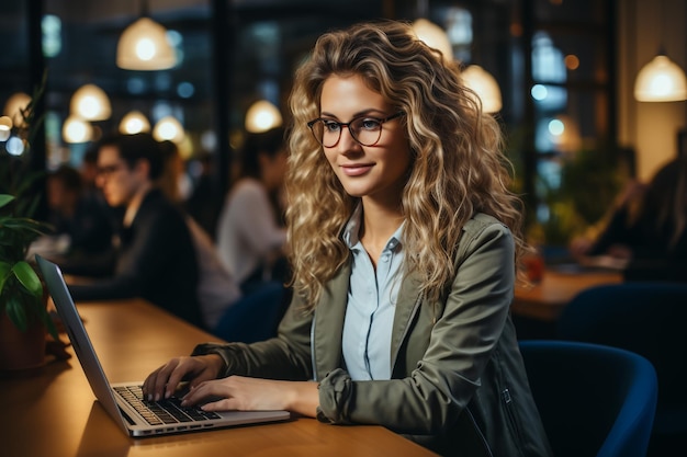 Portret van een jonge succesvolle blanke zakenvrouw die aan een bureau zit en op een laptopcomputer werkt in C