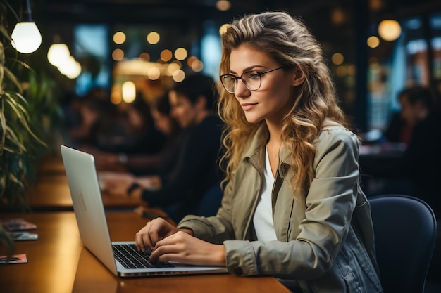 Portret van een jonge succesvolle blanke zakenvrouw die aan een bureau zit en op een laptopcomputer werkt in C