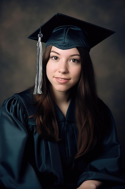 portret van een jonge universitair afgestudeerde in haar pet en toga gemaakt met generatieve ai