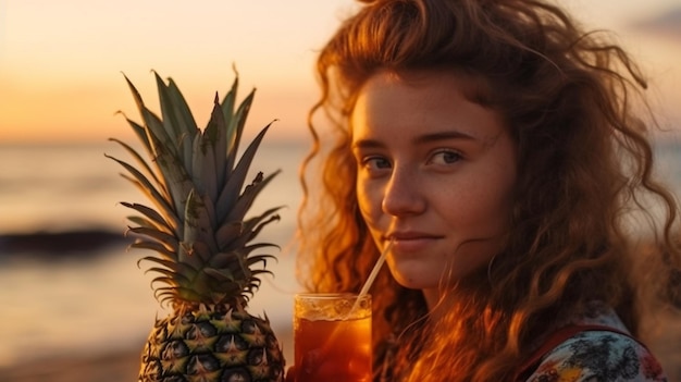 Portret van een jonge, vrolijke vrouw die aan een cocktail nipt terwijl ze naar de zonsondergang op het strand kijkt Generatieve AI