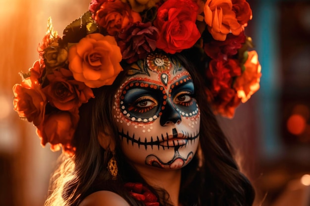 Portret van een jonge vrouw als la Catrina met heldere kunst geschilderde make-up en bloemdecoraties op het hoofd Traditionele viering van de Mexicaanse feestdag voorbereid op festival La Muerte gegenereerde AI