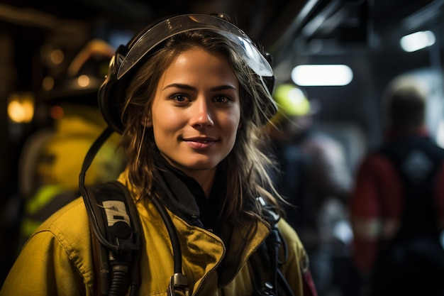Portret van een jonge vrouw brandweerman staande in de buurt van brandweerwagen