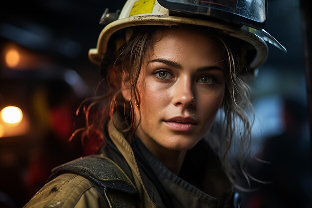 Portret van een jonge vrouw brandweerman staande in de buurt van brandweerwagen