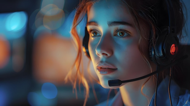 Portret van een jonge vrouw callcenter operator AI gegenereerd