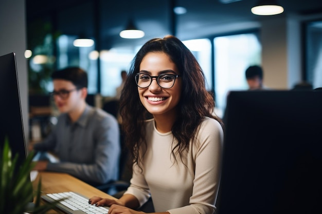 Portret van een jonge vrouw die aan een laptop werkt in een modern kantoor