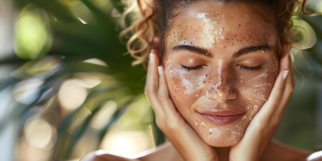 Portret van een jonge vrouw die body scrub aanbrengt in de studio voor huidverzorgingsroutine concept skincare routine body scrub studio fotografie portret van jonge vrouw beauty shot