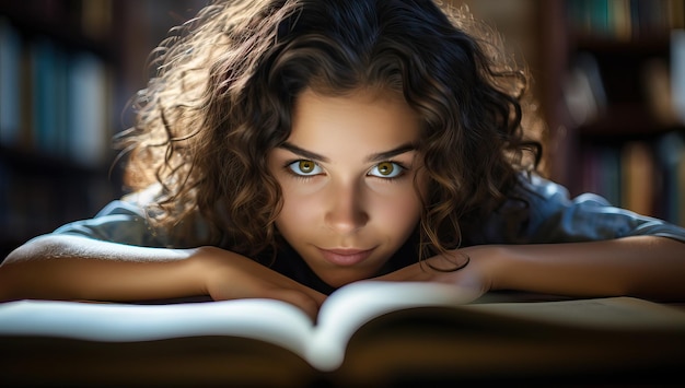 Portret van een jonge vrouw die een boek leest in de bibliotheek