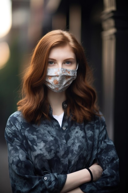 Portret van een jonge vrouw die een gezichtsmasker draagt terwijl ze buiten staat, gemaakt met generatieve ai