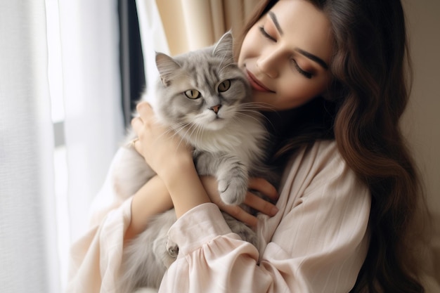 portret van een jonge vrouw die een schattig katje knuffelt concept