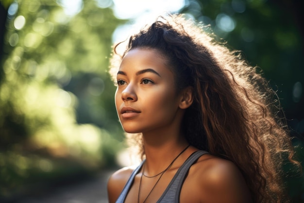 Portret van een jonge vrouw die geniet van een outdoor sport workout gemaakt met generatieve AI