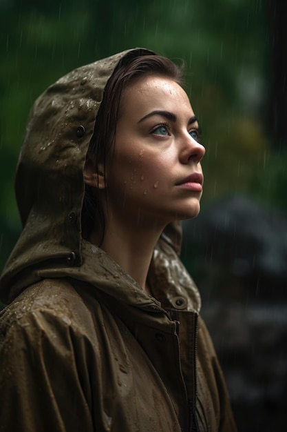 Portret van een jonge vrouw die geniet van het buitenleven in zware regen