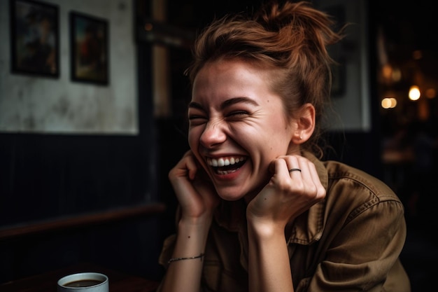 Portret van een jonge vrouw die glimlacht en lacht in een café dat is gemaakt met generatieve AI