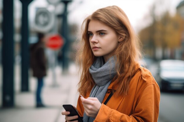 Portret van een jonge vrouw die haar telefoon gebruikt terwijl ze buiten staat, gemaakt met generatieve ai