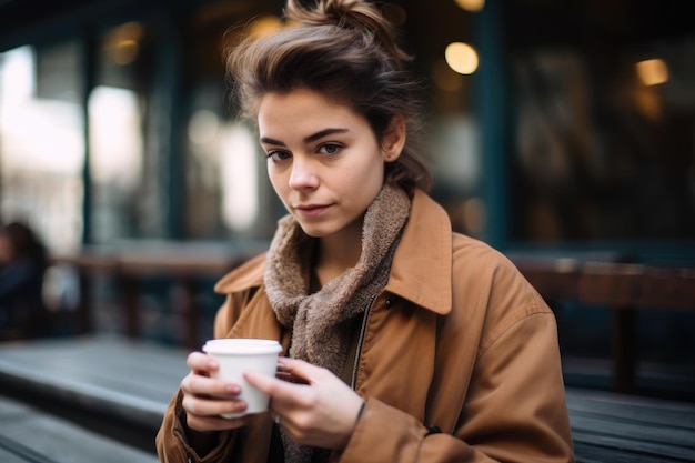 Portret van een jonge vrouw die koffie drinkt terwijl ze sms't op haar mobiele telefoon gemaakt met generatieve ai