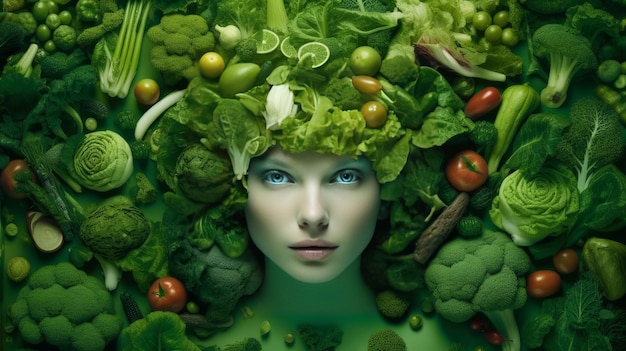 Foto portret van een jonge vrouw die liegt en om haar heen een groot aantal groene groenten en fruit voor een goede voeding concept nutriciologie en gezonde levensstijl