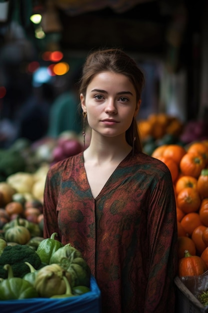 Portret van een jonge vrouw die met verse producten staat op een markt die is gecreëerd met generatieve AI