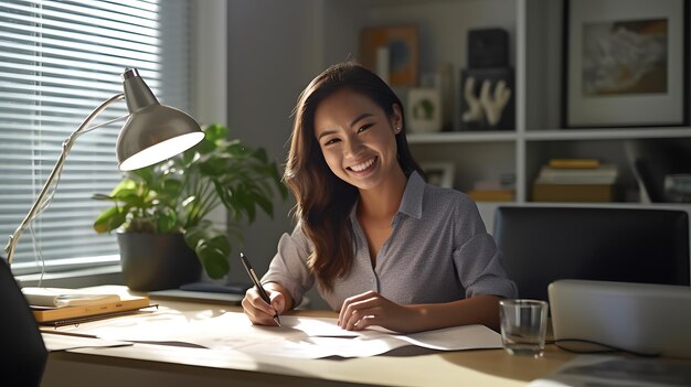 Portret van een jonge vrouw die op een laptop werkt en aantekeningen maakt in haar thuiskantoorGemaakt met generatieve AI-technologie