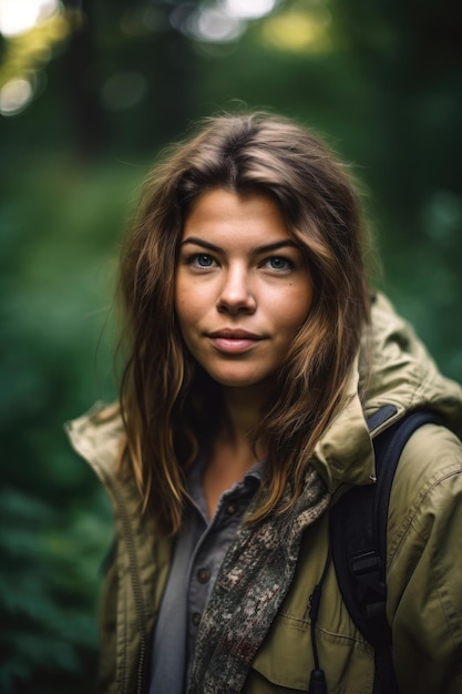 Portret van een jonge vrouw die op pad is voor een natuurwandeling gemaakt met generatieve AI