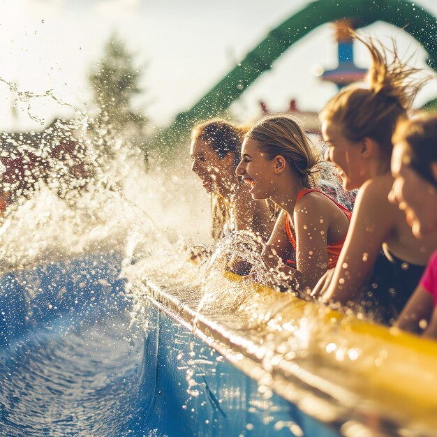 Portret van een jonge vrouw die plezier heeft in een waterpleinpark met spetterend water Generatieve AI