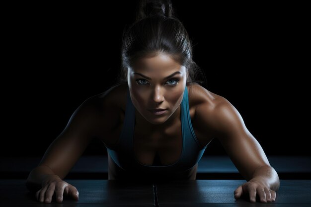 Portret van een jonge vrouw die pushups doet op een zwarte achtergrond Een fitnessmeisje die pushups maakt op een zwart achtergrond Hoofdgedeelte geknipt gezichten niet onthuld AI gegenereerd