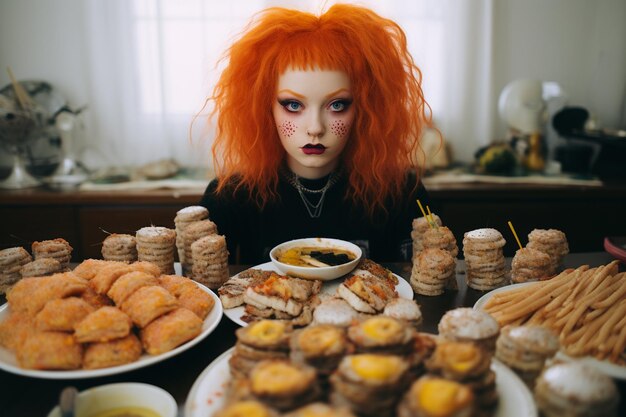 Foto portret van een jonge vrouw die thuis eten eet