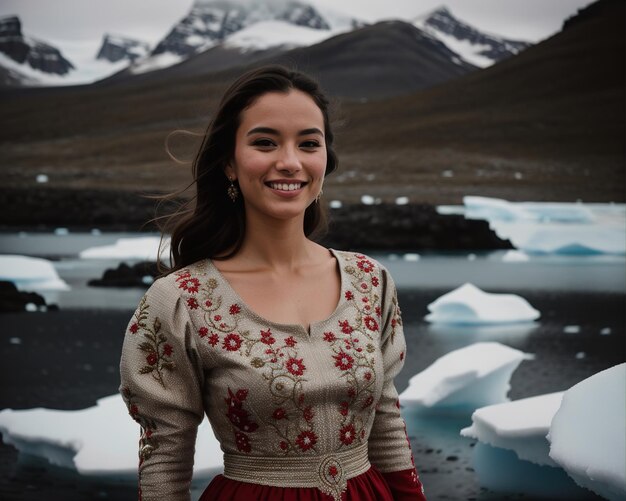 Portret van een jonge vrouw die voor de camera glimlacht voor ijsbergen