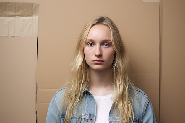 Portret van een jonge vrouw die voor een kartonnen plakkaat staat, gemaakt met generatieve AI