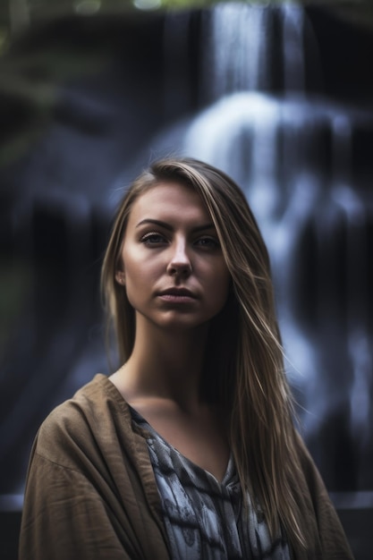 Portret van een jonge vrouw die voor een waterval staat, gecreëerd met generatieve AI