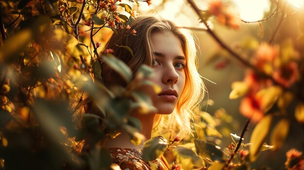 Portret van een jonge vrouw in de zomeravond in de bloementuin, gekleed in lichte kleding Generatieve AI