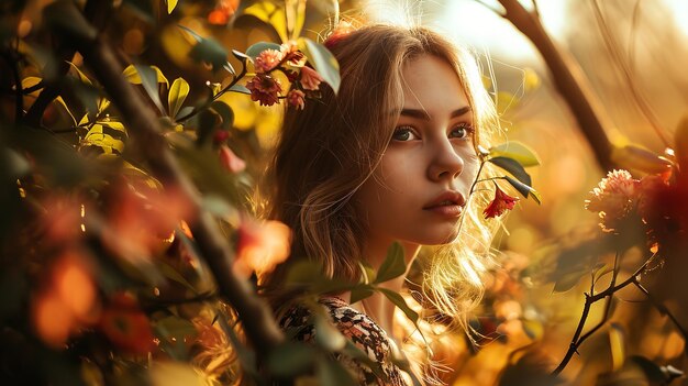 Portret van een jonge vrouw in de zomeravond in de bloementuin, gekleed in lichte kleding Generatieve AI