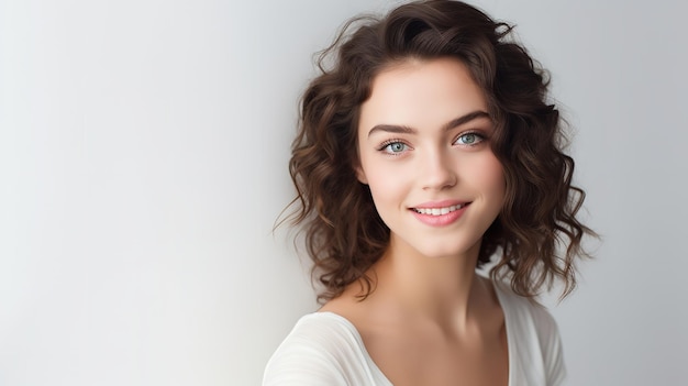 Portret van een jonge vrouw in een lichtwit t-shirt met een gelukkig gezicht Generatieve AI