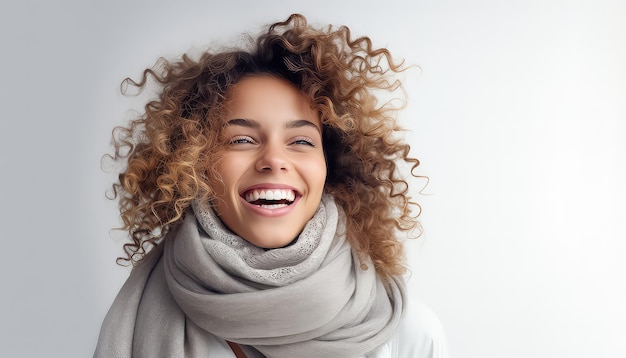 Portret van een jonge vrouw in een sjaal op een grijze achtergrond