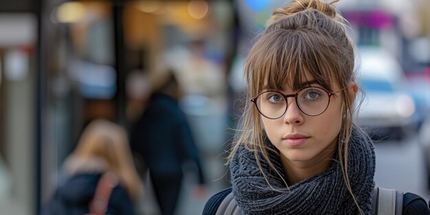 Portret van een jonge vrouw in een stadsbeeld