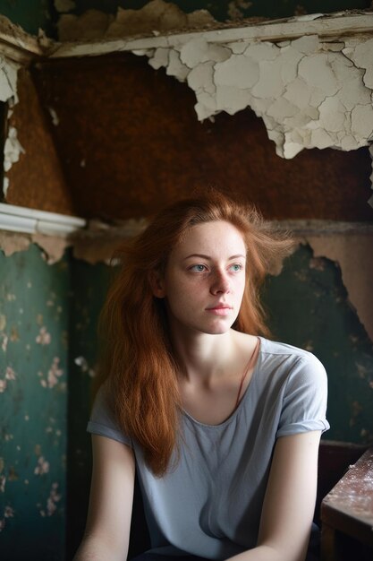Portret van een jonge vrouw in haar huis met beschadigde muren en dak gemaakt met generatieve AI