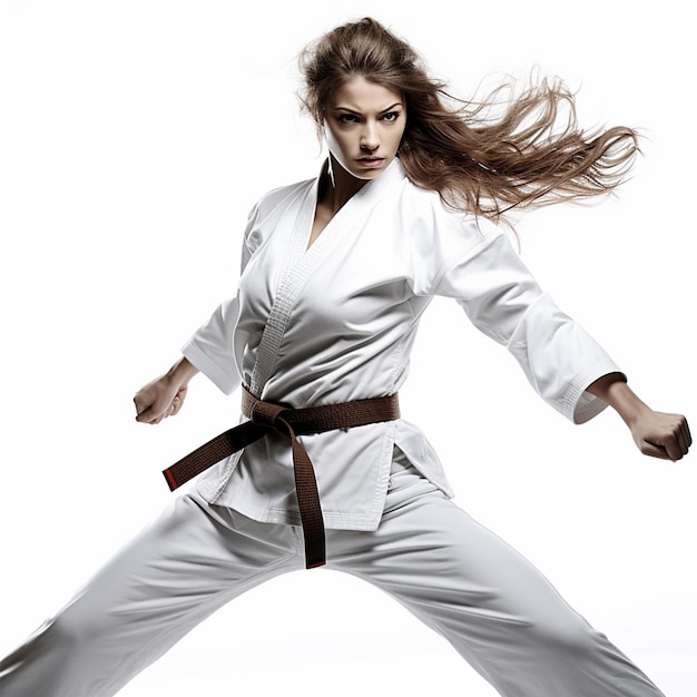 Portret van een jonge vrouw in karate kostuum