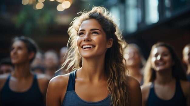 portret van een jonge vrouw in sportkleding die fitness doet in de sportschool