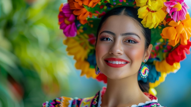 Foto portret van een jonge vrouw in traditionele mexicaanse kleding met een kleurrijk bloemend hoofdstuk die glimlacht