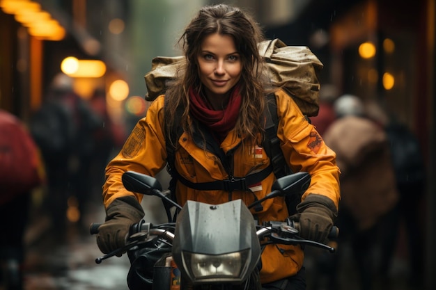 portret van een jonge vrouw levering op motorfiets