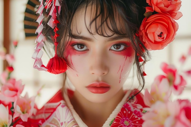 Portret van een jonge vrouw met dramatische make-up in traditionele Aziatische kleding omringd door bloemen