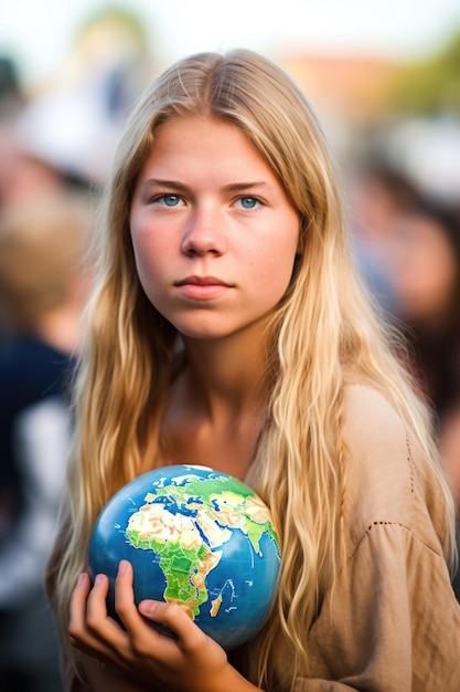 Portret van een jonge vrouw met een aardteken tijdens een protest gemaakt met generatieve ai