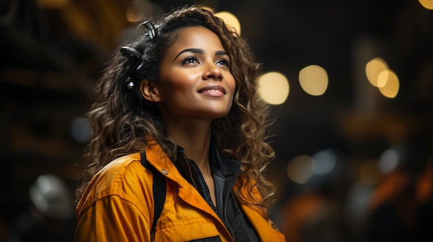 portret van een jonge vrouw met een geel jasje op de achtergrond