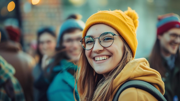 Portret van een jonge vrouw met een gele pet en een bril die naar de camera glimlacht. Ze staat voor een wazige achtergrond van mensen.