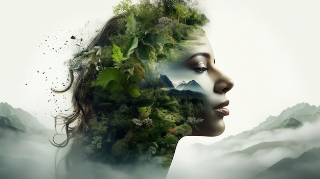 Portret van een jonge vrouw met een gezonde huid met groene bomen en bergen Milieubewustzijn